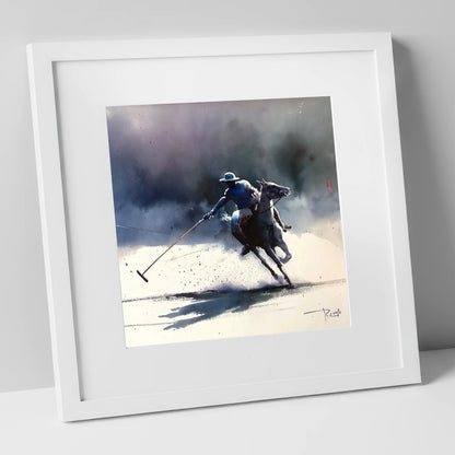 The Decisive Strike polo horse art print in white frame
