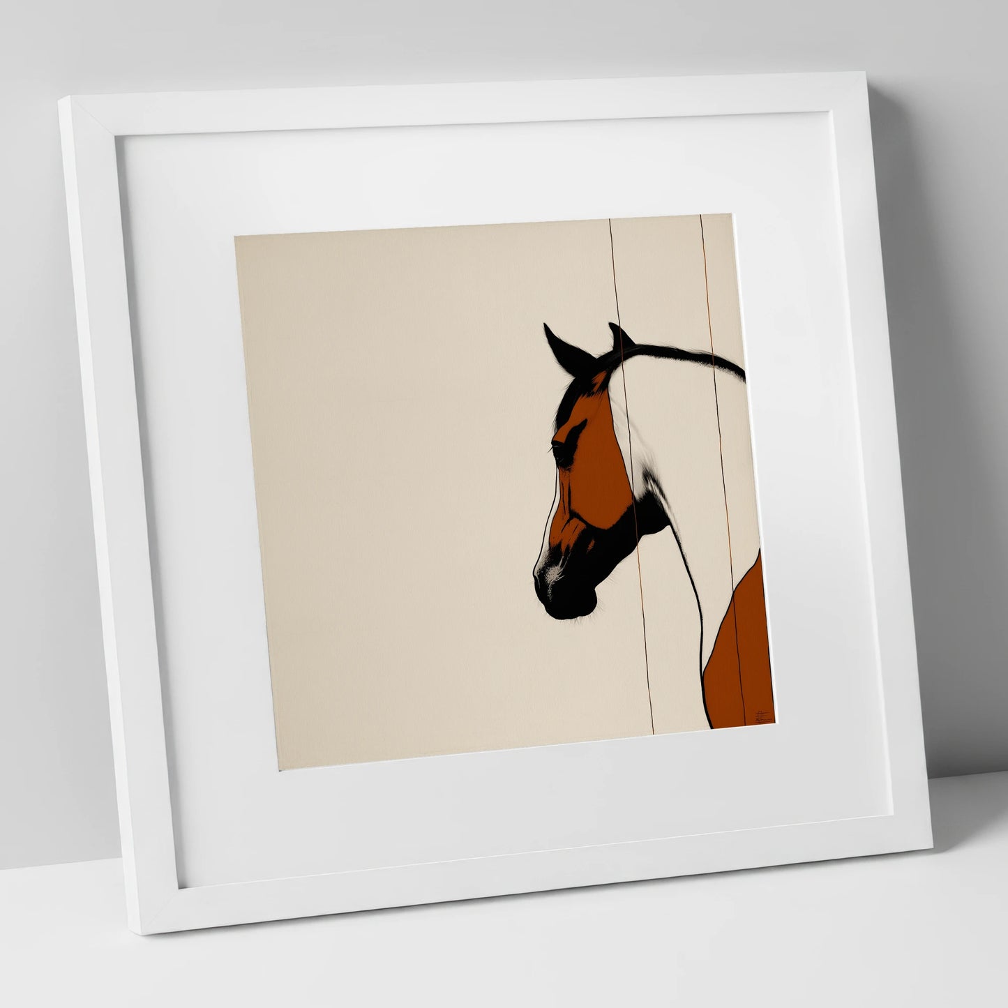 Minimalist Chestnut Silhouette horse portrait art print in white frame