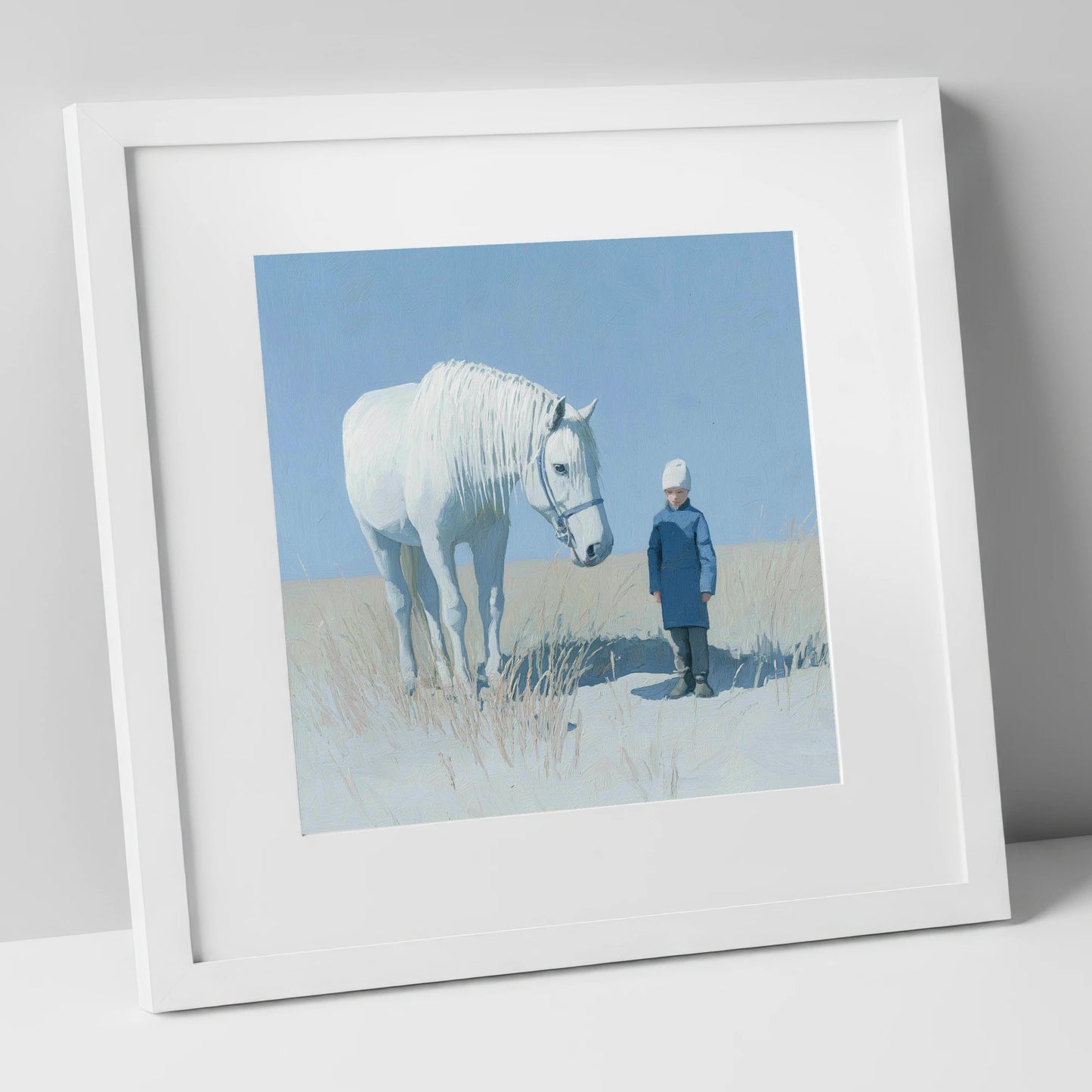 A Silent Understanding horse & rider art print in white frame