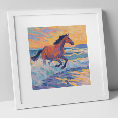 Painted Tide Canter beach horse art print in white frame