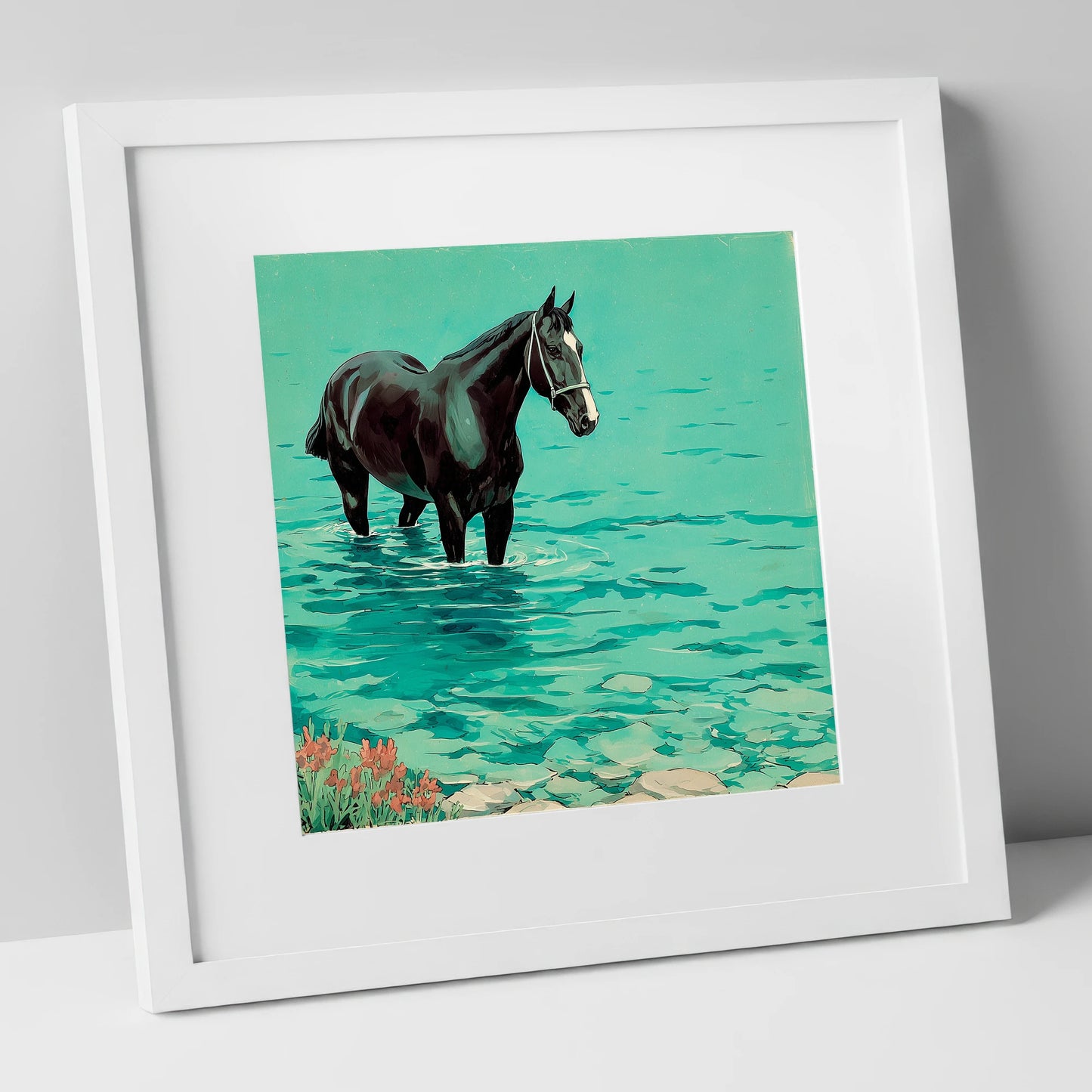 Midnight in the Shallows beach horse art print in white frame