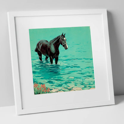 Midnight in the Shallows beach horse art print in white frame