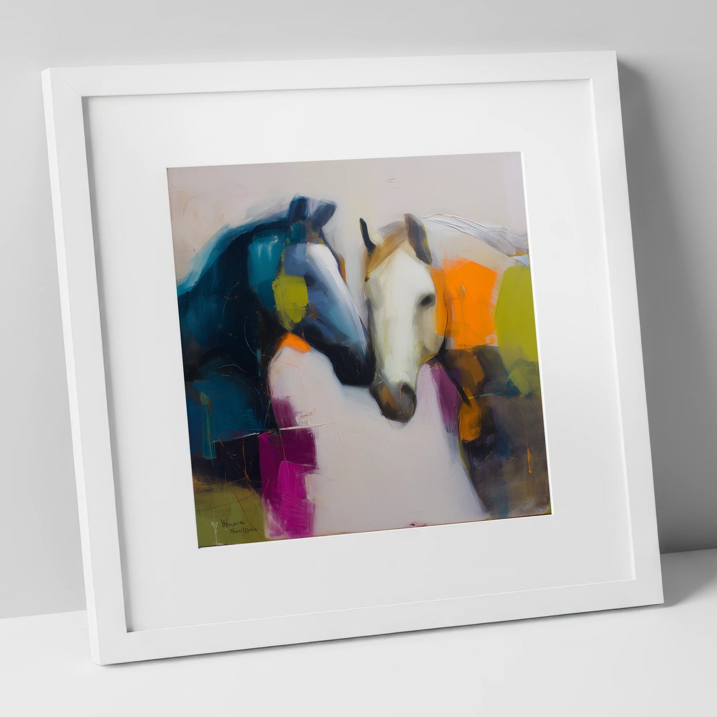 Vibrant Equine Bond horse portrait art print in white frame