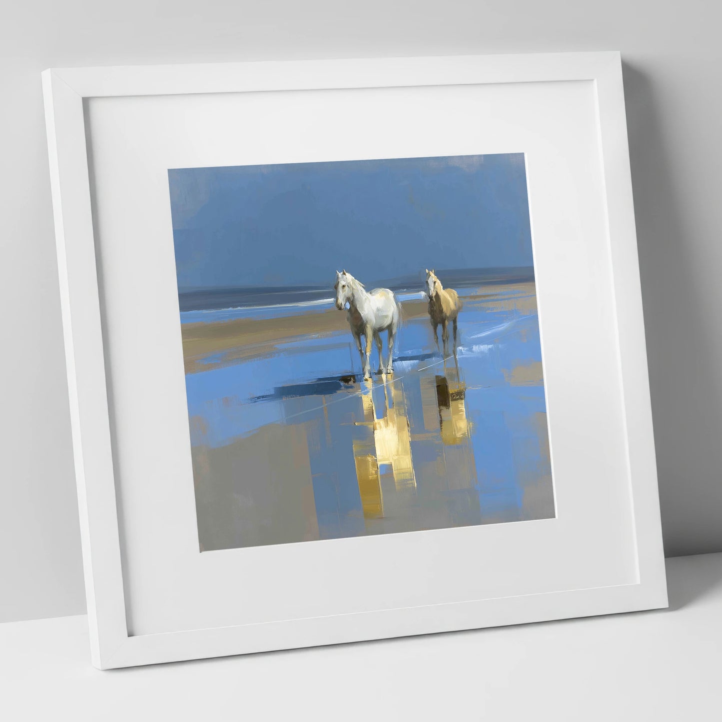 Coastal Reflections horse landscape art print in white frame
