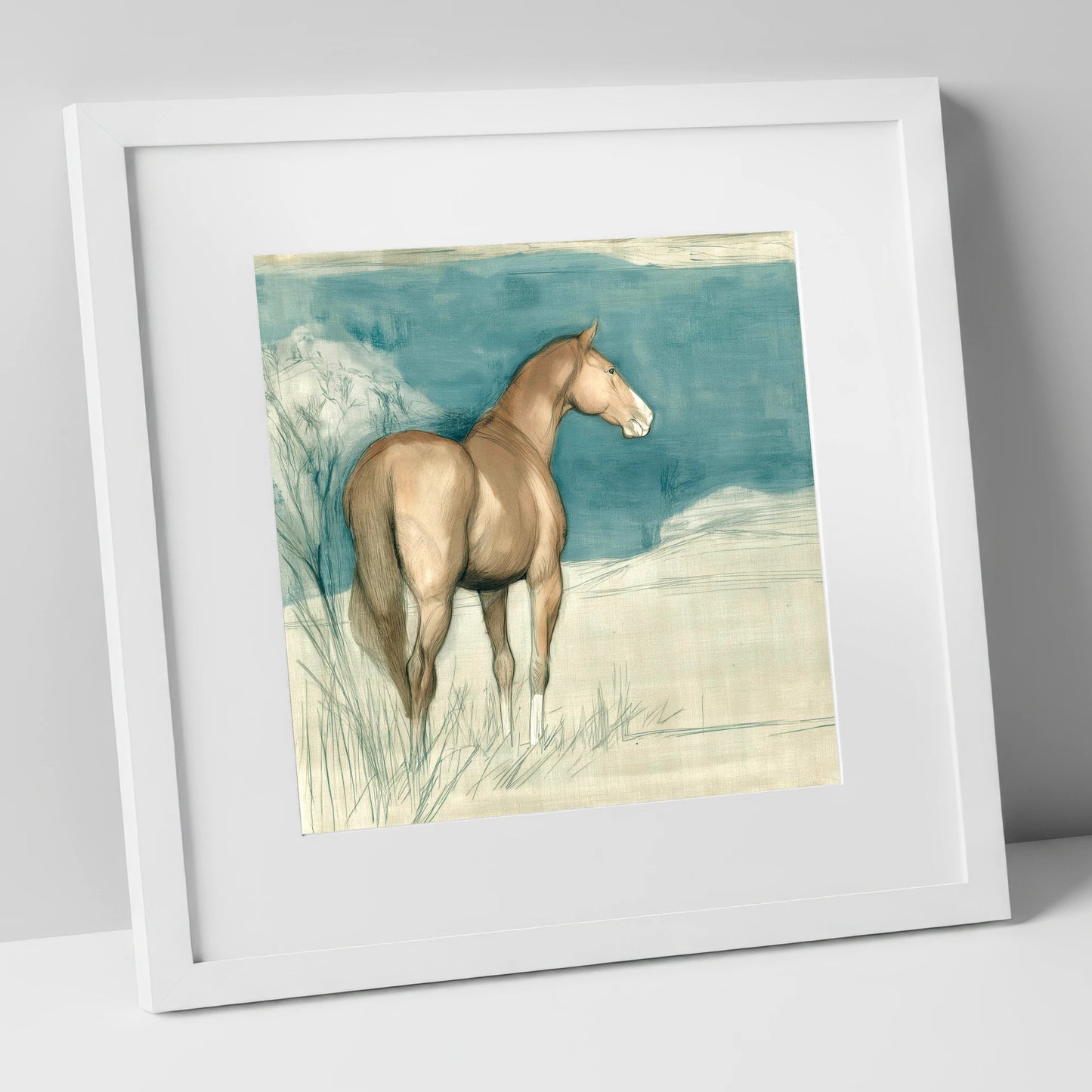 The Quiet Glance horse portrait art print in white frame
