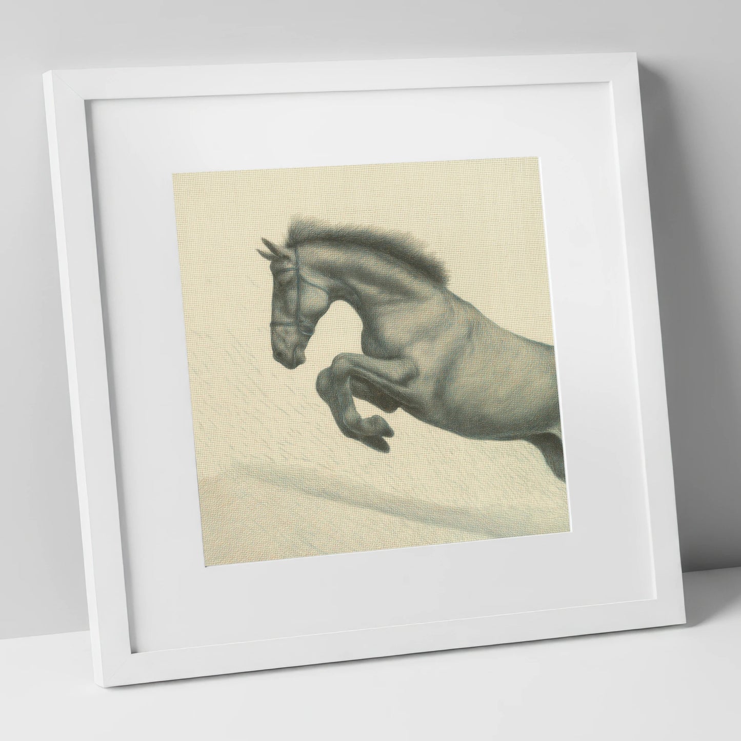 Etched in Flight show jumping horse art print in white frame