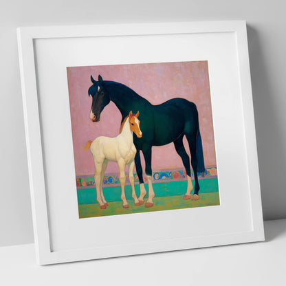 Midnight Mare and Foal mare & foal art print in white frame