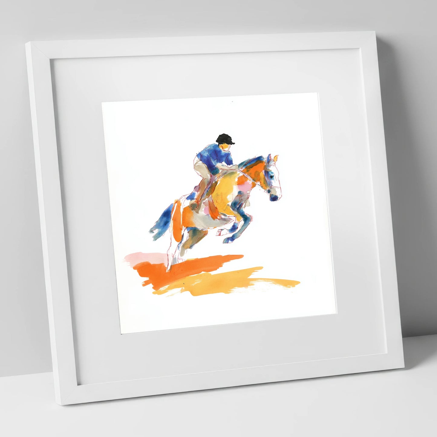Vibrant Flight show jumping horse art print in white frame