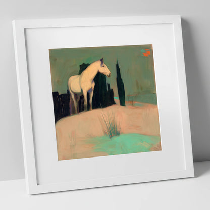 Dusk in the Cypress Grove horse landscape art print in white frame