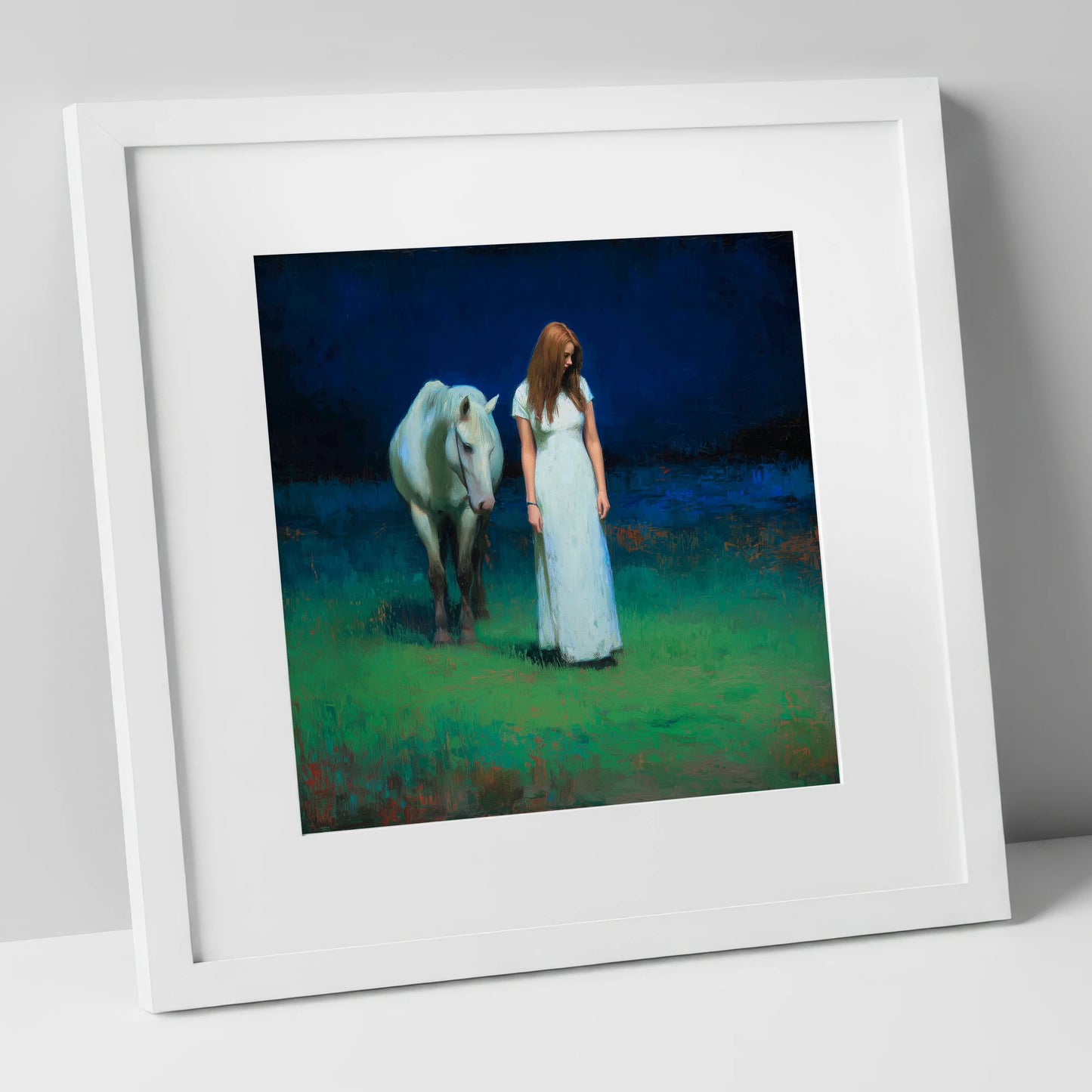 The Quiet Hour horse & rider art print in white frame