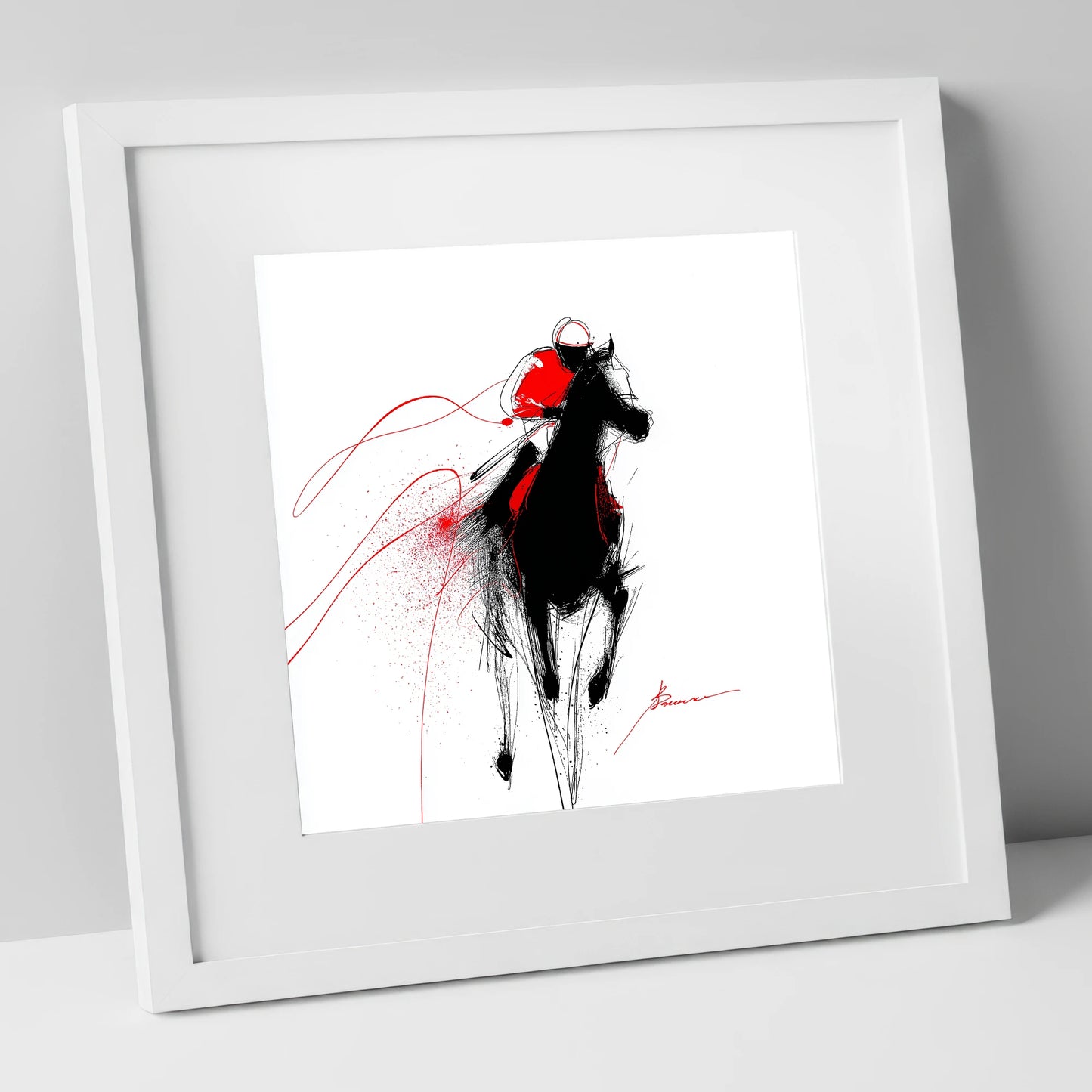 Crimson Gallop racing horse art print in white frame