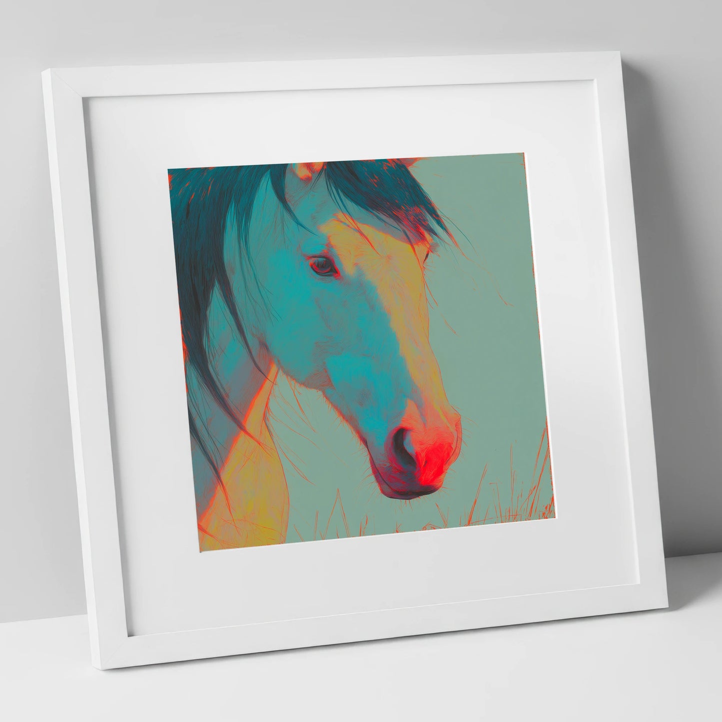 Neon Equine Gaze horse portrait art print in white frame