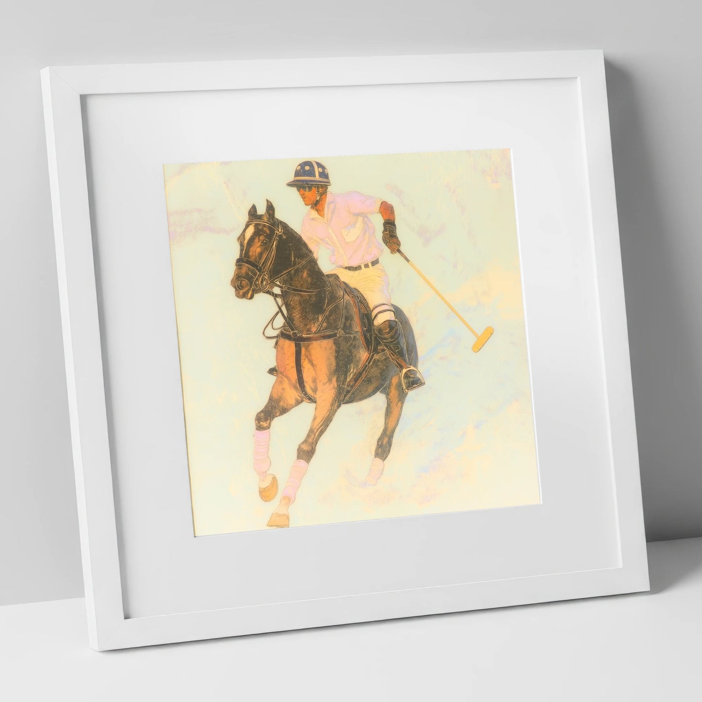 Luminous Chukka polo horse art print in white frame
