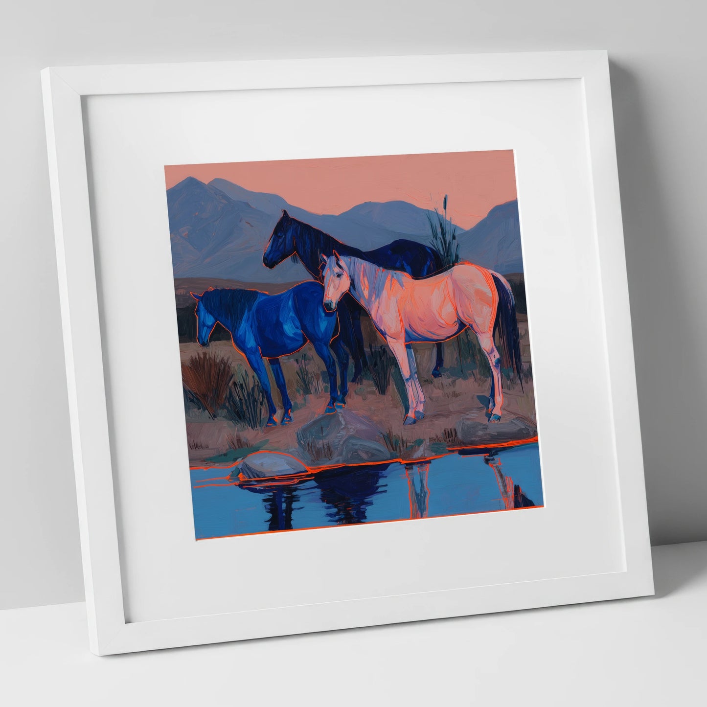 Vivid Indigo Dusk wild horses art print in white frame