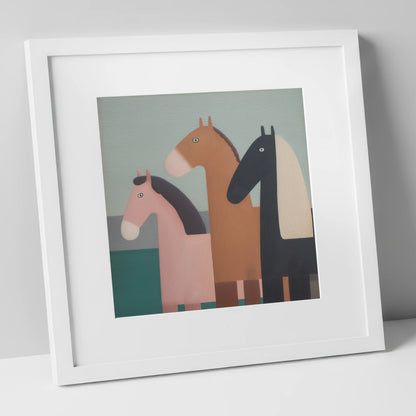 Muted Companions horse landscape art print in white frame