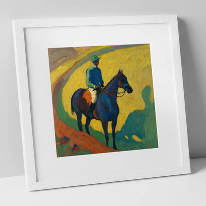 The Blue Thoroughbred racing horse art print in white frame