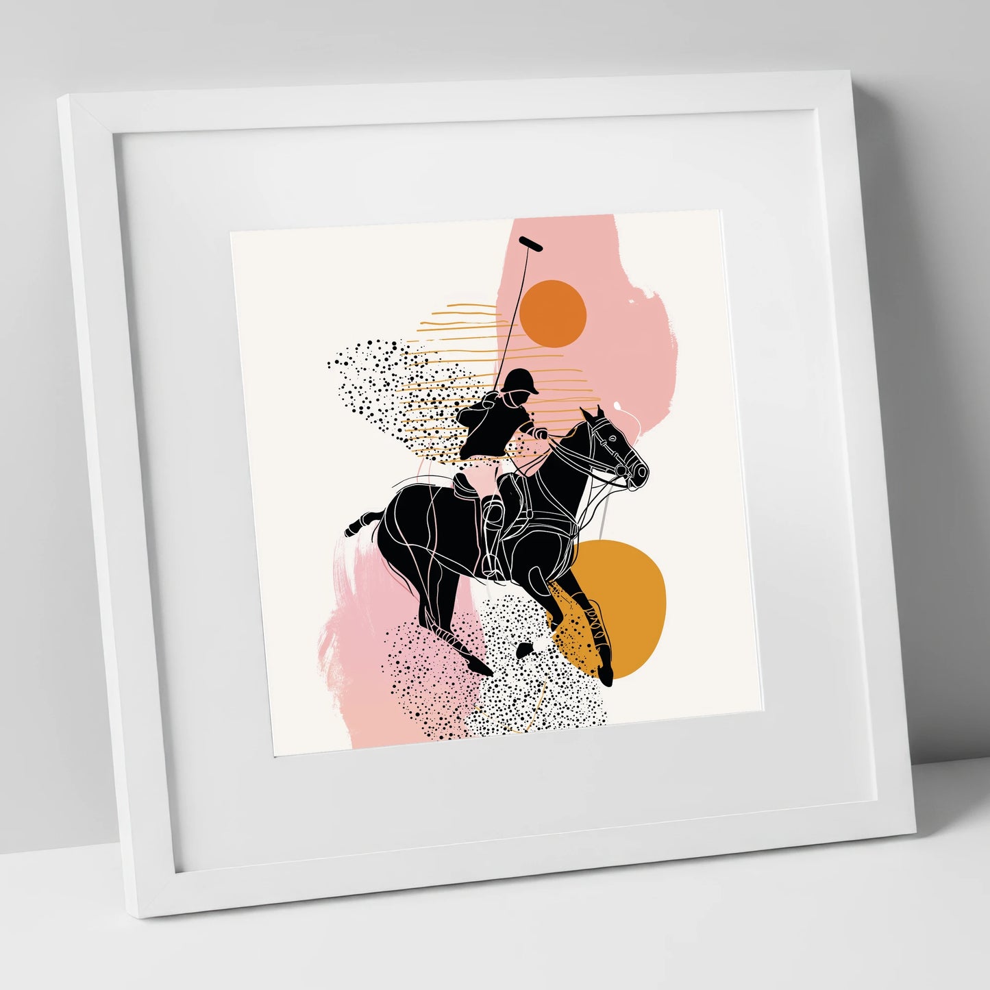 Modern Polo Strike polo horse art print in white frame