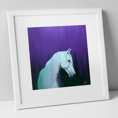 Ethereal Grey in Violet horse breed art print in white frame