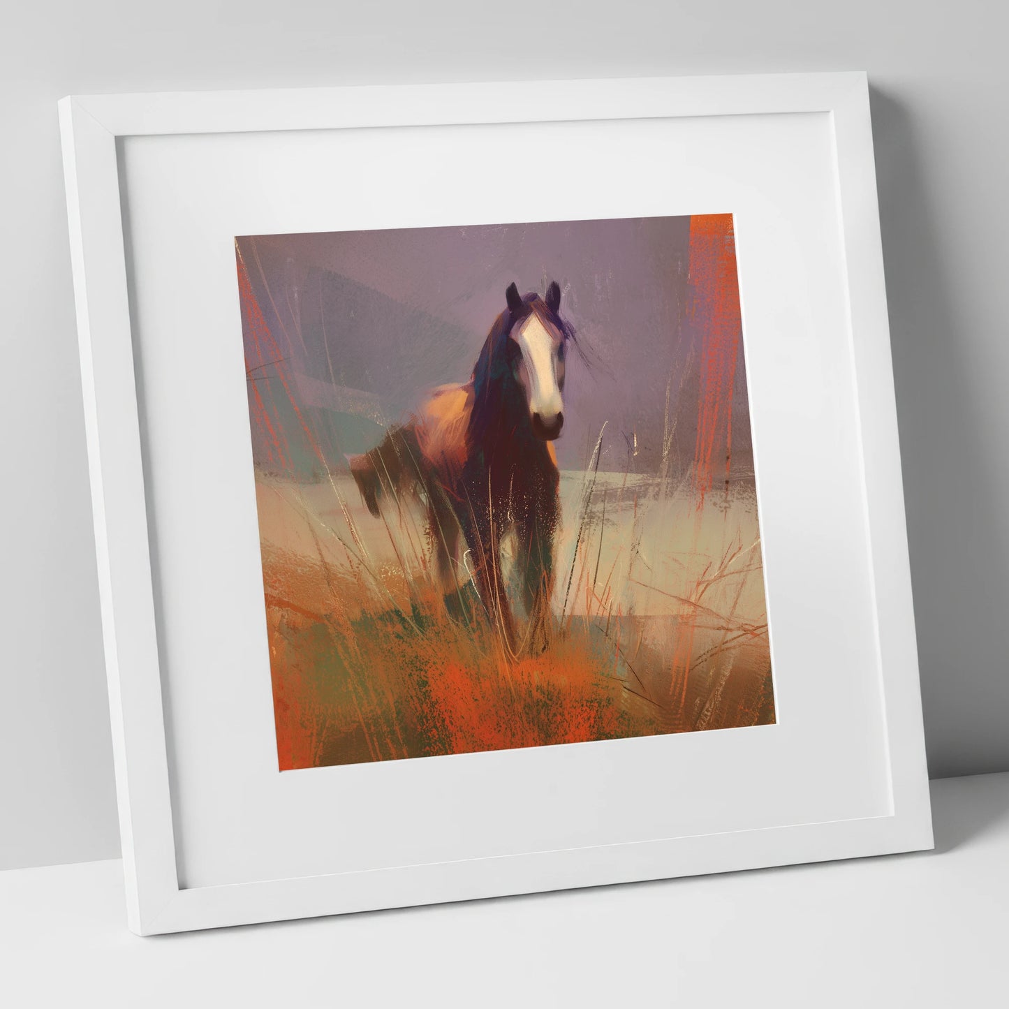 Autumn Sienna Portrait wild horses art print in white frame