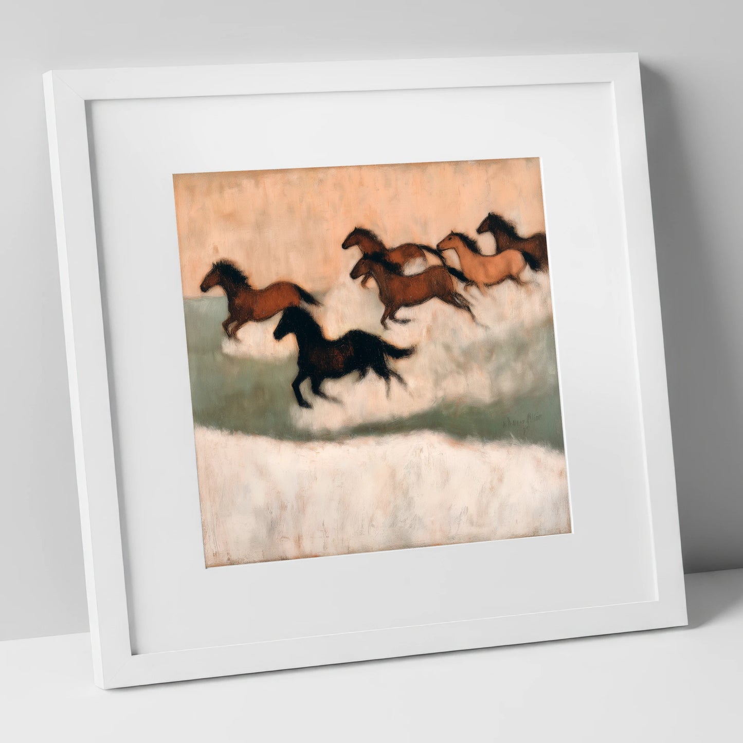 Through the Winter Haze wild horses art print in white frame