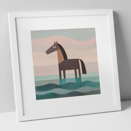 Stillness in the Shallows beach horse art print in white frame