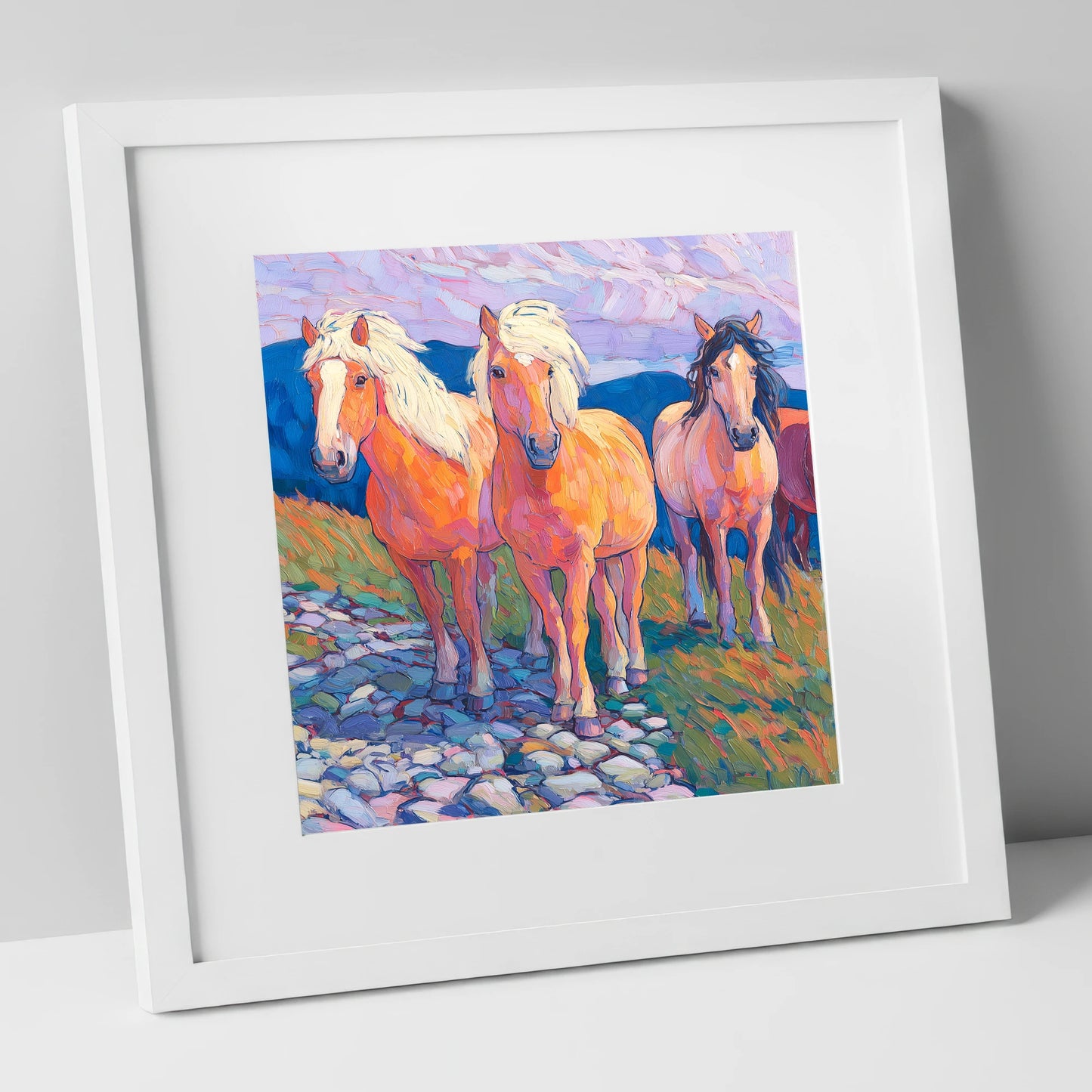 Painted Highland Herd horse landscape art print in white frame