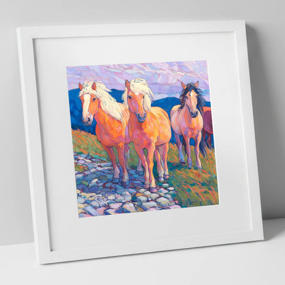 Painted Highland Herd horse landscape art print in white frame
