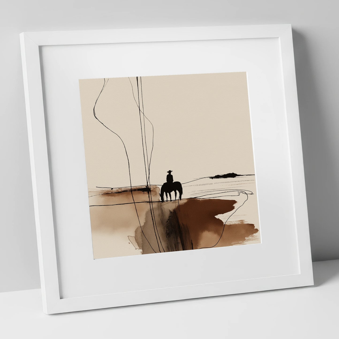 Solitary Western Horizon western horse art print in white frame