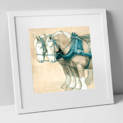Quiet Strength in Harness working horse art print in white frame