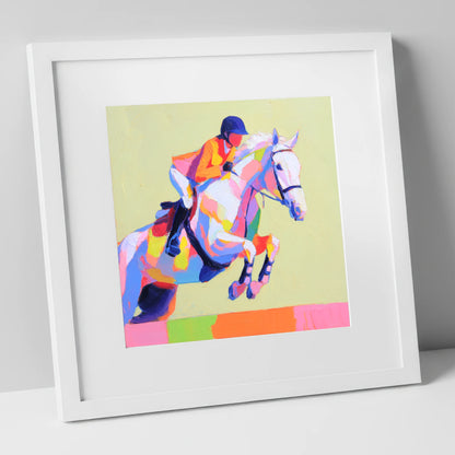 Technicolour Flight show jumping horse art print in white frame