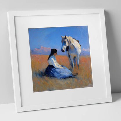 Golden Hour Companions horse & rider art print in white frame