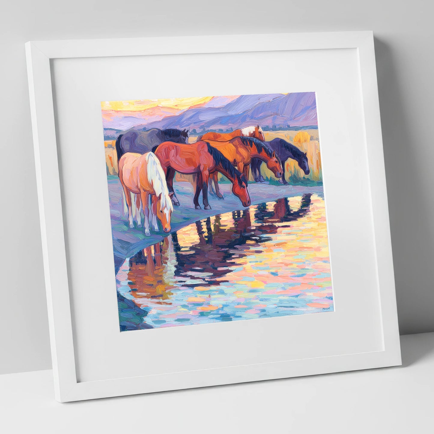 Reflections at Dusk wild horses art print in white frame