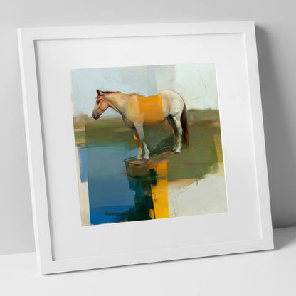 Geometric Waterside Reflection horse landscape art print in white frame