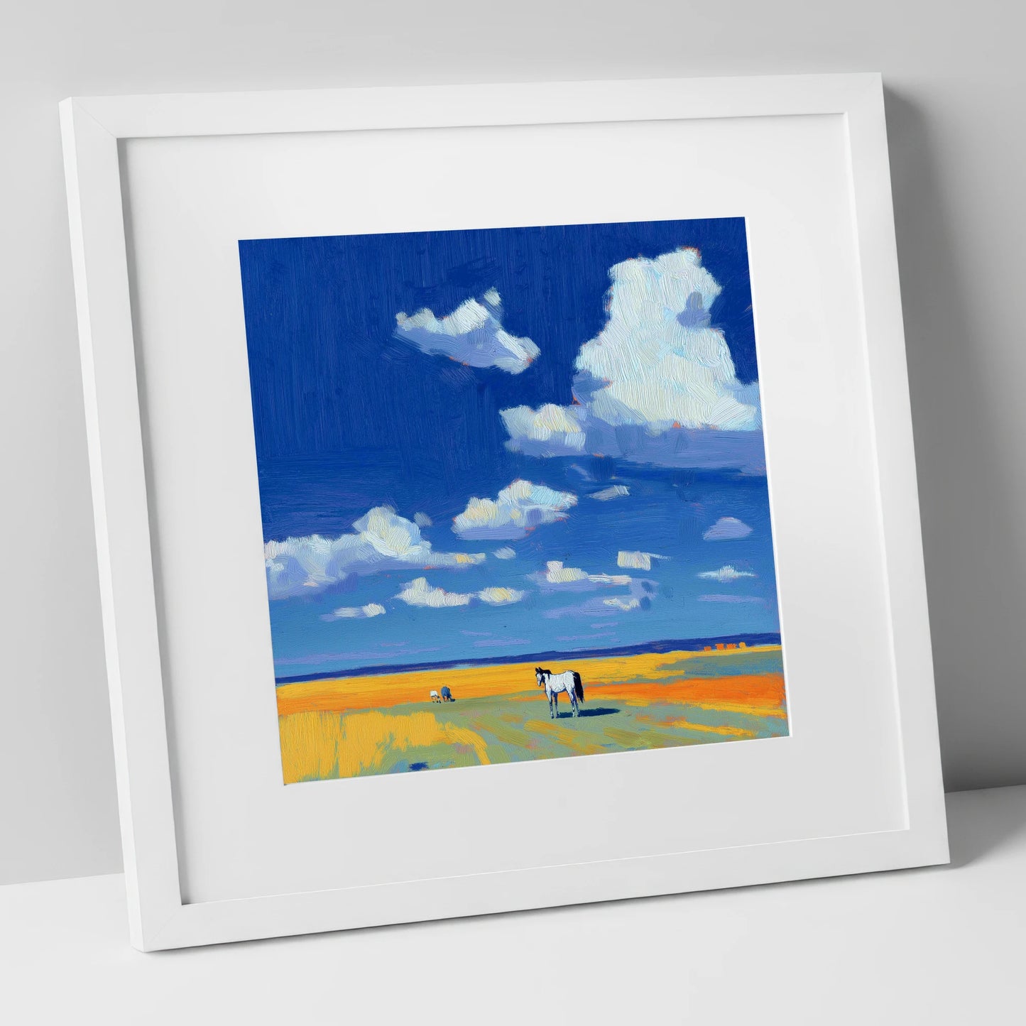 Beneath the Ultramarine Sky horse landscape art print in white frame