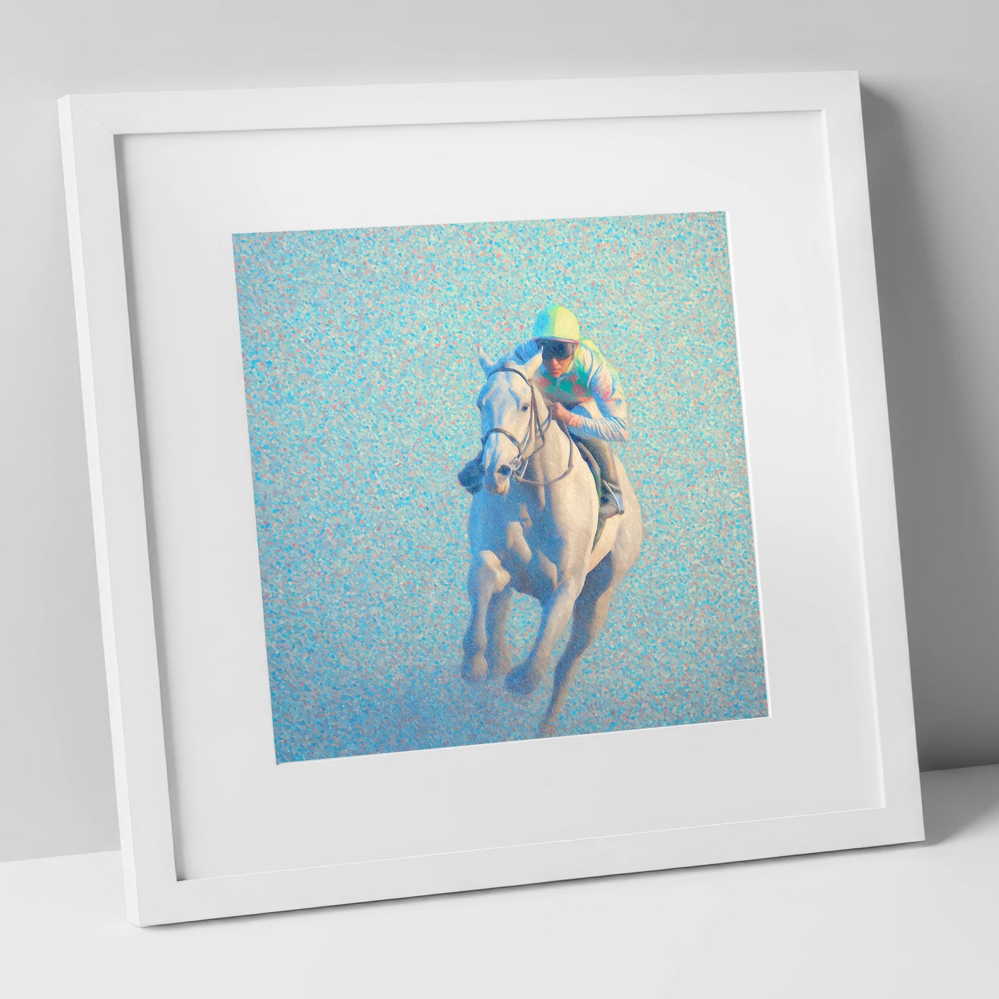 Luminous Gallop racing horse art print in white frame