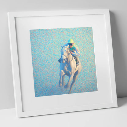 Luminous Gallop racing horse art print in white frame