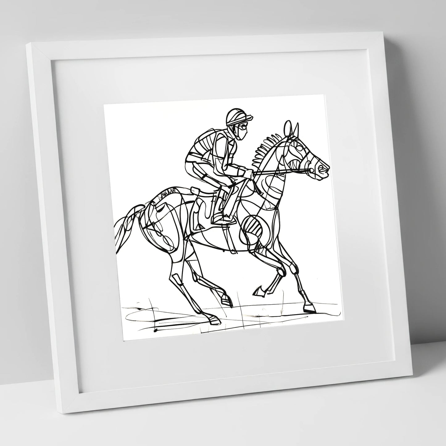 Geometry of Speed racing horse art print in white frame