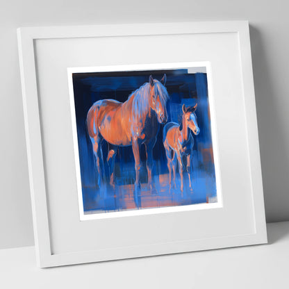 Cobalt and Apricot mare & foal art print in white frame