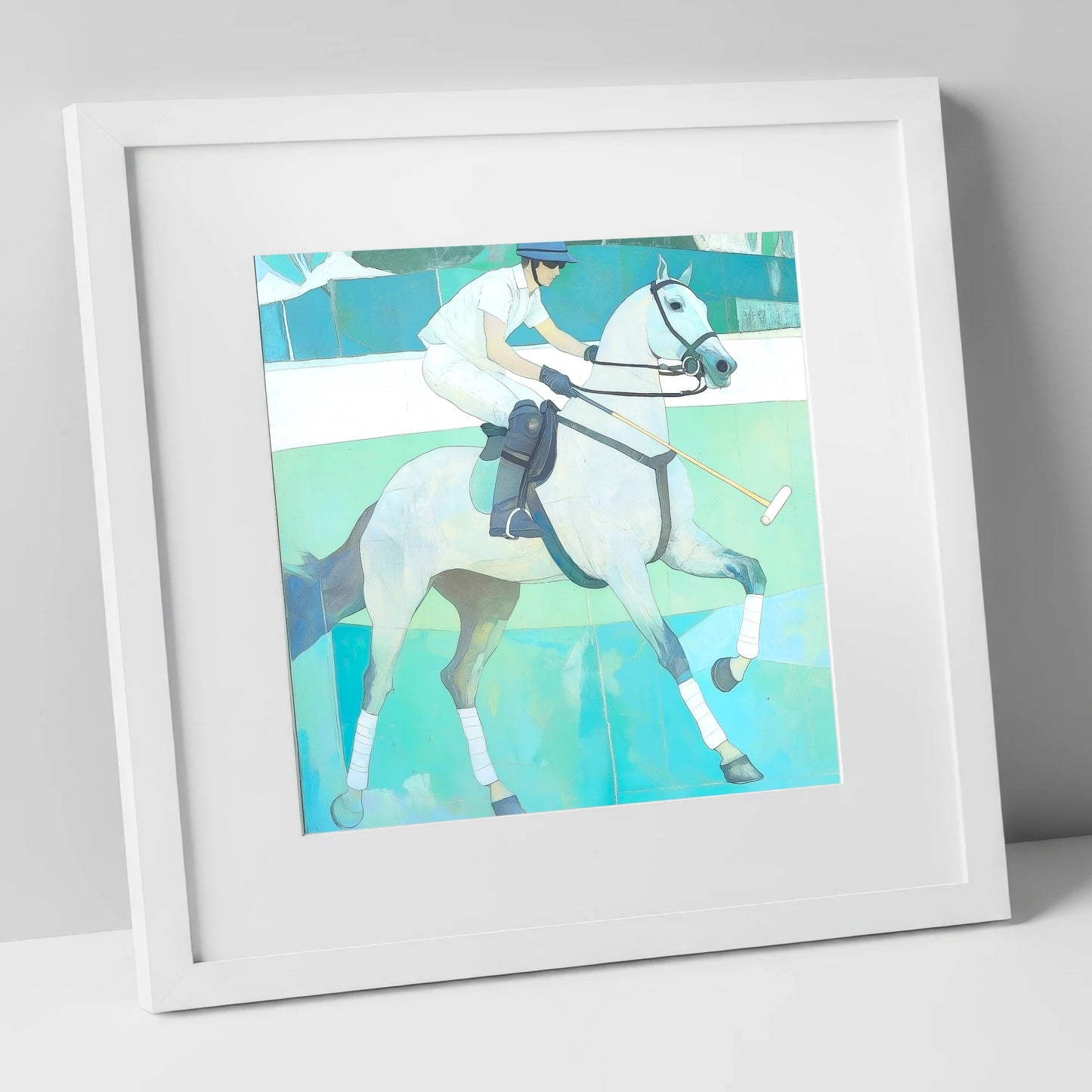 The Serene Chukka polo horse art print in white frame