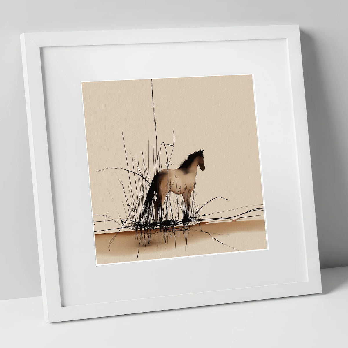 Sentinel of the Reeds wild horses art print in white frame