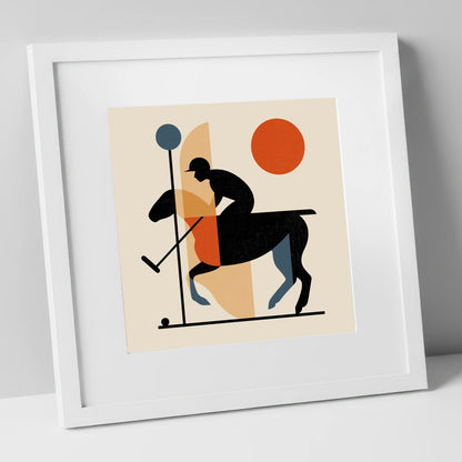 Retro Polo Strike polo horse art print in white frame
