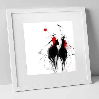 Crimson Chukka polo horse art print in white frame