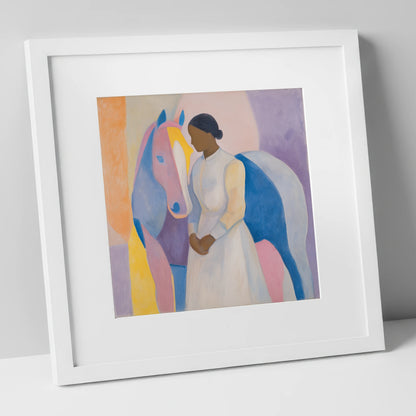 Abstract Equine Harmony horse & rider art print in white frame