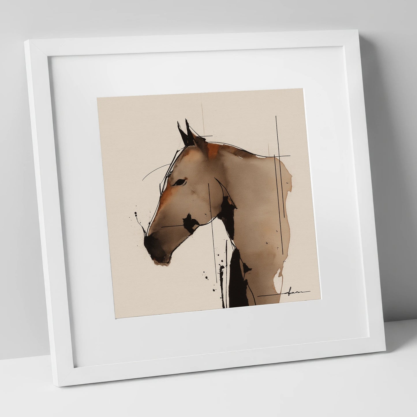 Abstract Sepia Profile horse portrait art print in white frame