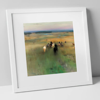 Riding Out horse landscape art print in white frame