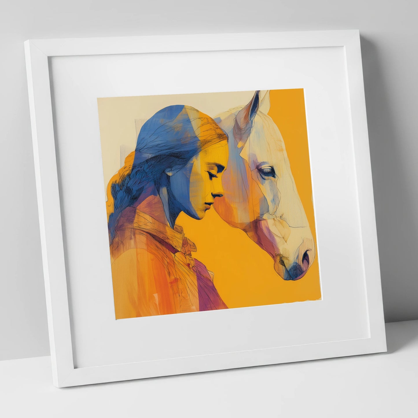 Amber Embrace horse & rider art print in white frame