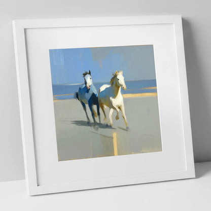 Sunlit Coastal Canter wild horses art print in white frame