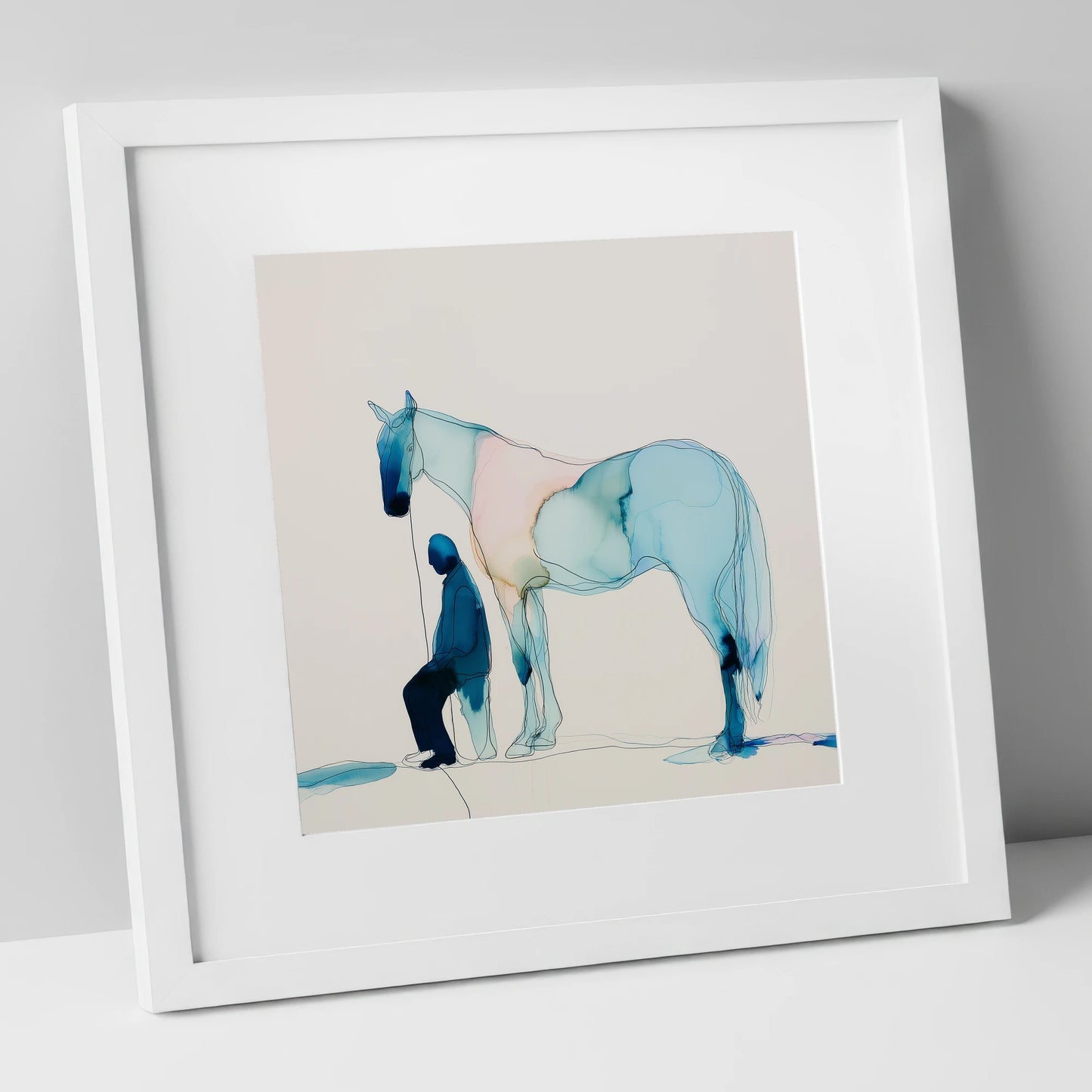 Fluid Companionship horse & rider art print in white frame