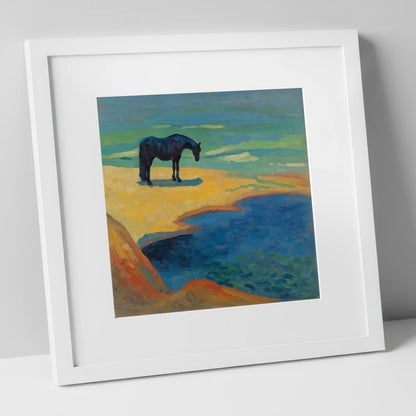 Vibrant Coastal Solitude horse landscape art print in white frame