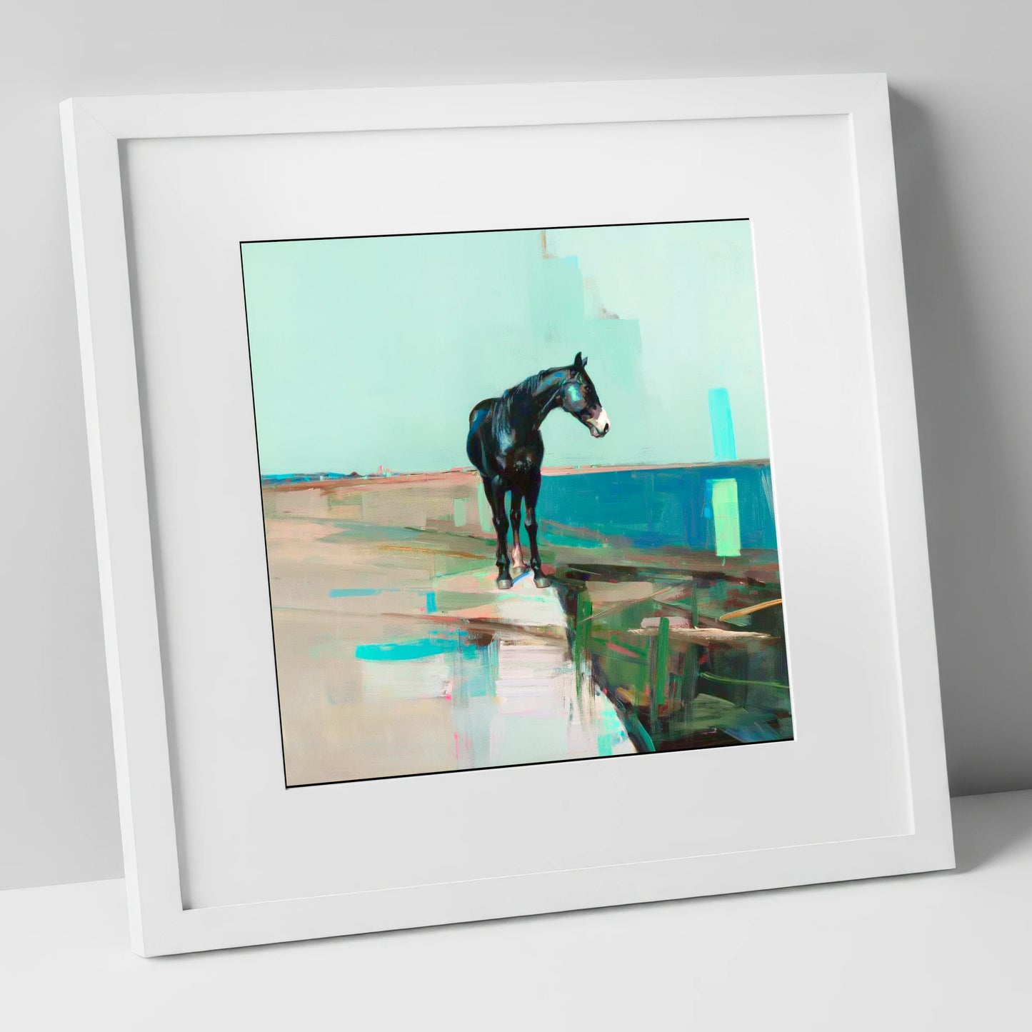 Silent Teal Horizon horse landscape art print in white frame